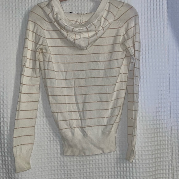 Cream with gold strip V neck sweater with hoodie. Size small - Picture 2 of 3